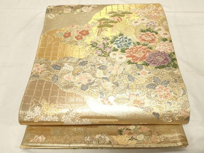 平和屋着物▼六通柄袋帯　更紗花文　金銀糸　正絹　逸品　CABC8538dy
