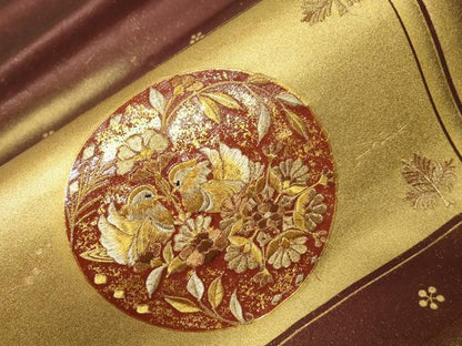 平和屋着物▼太鼓柄袋帯 刺繍 花鳥丸文 金彩 正絹 逸品 CABC8554dy