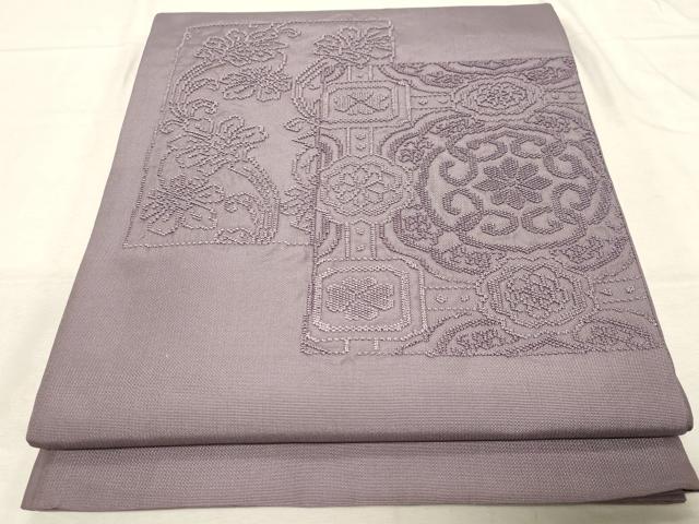 平和屋着物▼太鼓柄袋帯 総刺繍 色紙草花文 浅紫色 正絹 逸品 CABC8616dy