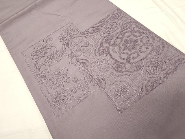 平和屋着物▼太鼓柄袋帯 総刺繍 色紙草花文 浅紫色 正絹 逸品 CABC8616dy