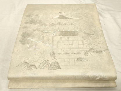 平和屋着物▼太鼓柄袋帯 総刺繍 銀閣寺 銀糸 正絹 逸品 CABC8644dy