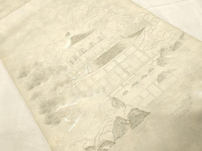 平和屋着物▼太鼓柄袋帯 総刺繍 銀閣寺 銀糸 正絹 逸品 CABC8644dy