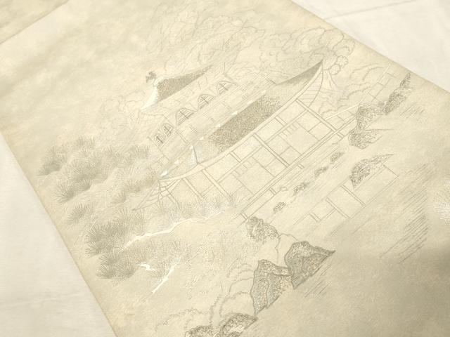 平和屋着物▼太鼓柄袋帯 総刺繍 銀閣寺 銀糸 正絹 逸品 CABC8644dy