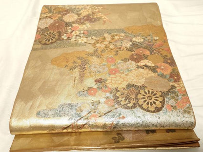 平和屋着物▼太鼓柄袋帯 手織 花車文 ラデン貼絵箔 正絹 逸品 CABC8647dy