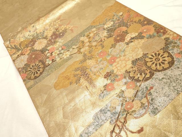 平和屋着物▼太鼓柄袋帯 手織 花車文 ラデン貼絵箔 正絹 逸品 CABC8647dy
