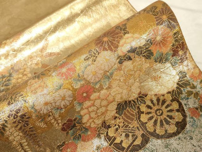平和屋着物▼太鼓柄袋帯 手織 花車文 ラデン貼絵箔 正絹 逸品 CABC8647dy