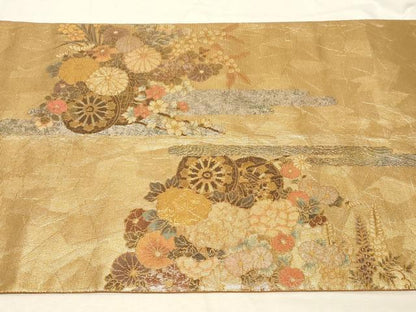 平和屋着物▼太鼓柄袋帯 手織 花車文 ラデン貼絵箔 正絹 逸品 CABC8647dy