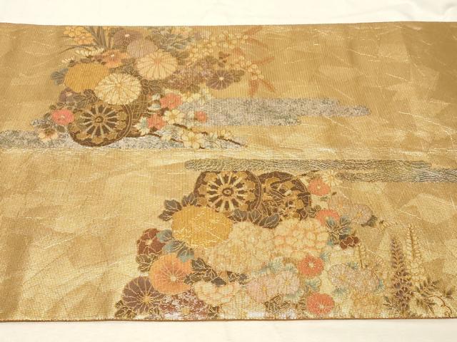 平和屋着物▼太鼓柄袋帯 手織 花車文 ラデン貼絵箔 正絹 逸品 CABC8647dy