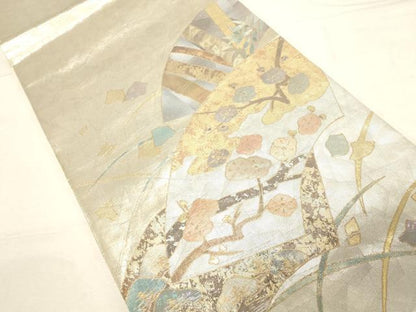 平和屋着物▼太鼓柄袋帯 作家物 螺鈿箔 地紙松竹梅 金銀彩 正絹 逸品 CABC8759dy