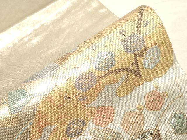 平和屋着物▼太鼓柄袋帯 作家物 螺鈿箔 地紙松竹梅 金銀彩 正絹 逸品 CABC8759dy