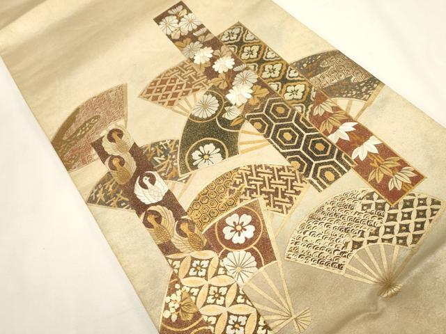 平和屋着物▼太鼓柄袋帯 扇面短冊飛鶴花文 金彩 正絹 逸品 CABC8786dy