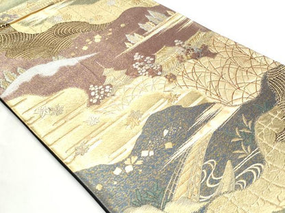 平和屋着物◎六通柄袋帯　唐織　洛西趣景　紫峰水明　金糸　正絹　逸品　CABC8832fb