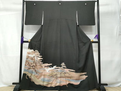 平和屋着物■豪華黒留袖 刺繍 立波飛鶴枝松文 暈し染め 金彩 正絹 逸品 CABC8860fb