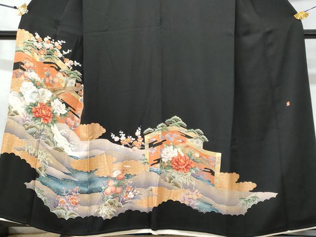 平和屋着物■豪華黒留袖 作家物 刺繍 尾長鳥屏風花文 金彩 正絹 逸品 CABC8894fb