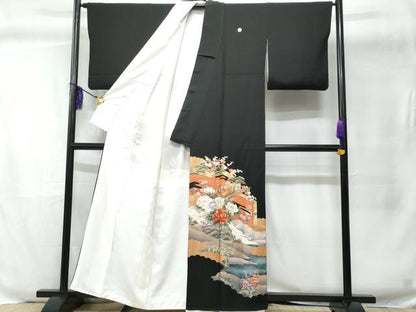 平和屋着物■豪華黒留袖 作家物 刺繍 尾長鳥屏風花文 金彩 正絹 逸品 CABC8894fb