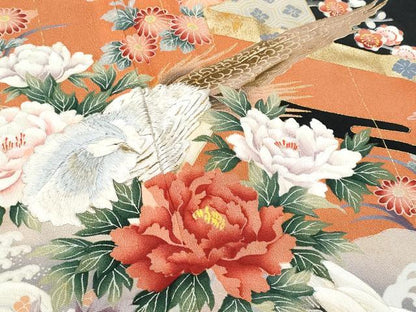 平和屋着物■豪華黒留袖 作家物 刺繍 尾長鳥屏風花文 金彩 正絹 逸品 CABC8894fb