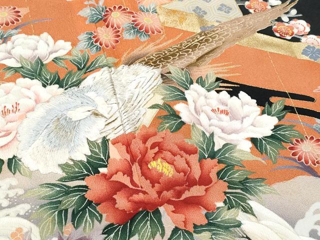平和屋着物■豪華黒留袖 作家物 刺繍 尾長鳥屏風花文 金彩 正絹 逸品 CABC8894fb