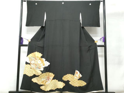 平和屋着物■豪華黒留袖 駒刺繍 雲取り扇面吉祥花文 金銀彩 正絹 逸品 CABC8903fb