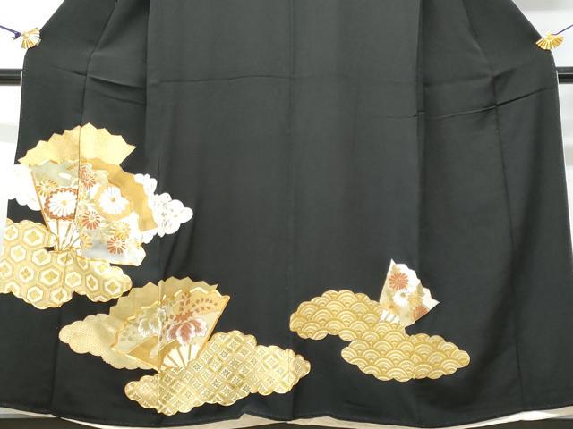 平和屋着物■豪華黒留袖 駒刺繍 雲取り扇面吉祥花文 金銀彩 正絹 逸品 CABC8903fb
