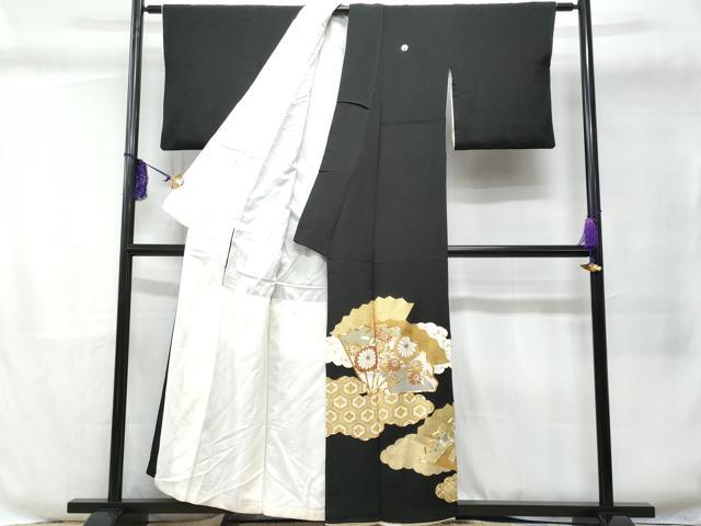 平和屋着物■豪華黒留袖 駒刺繍 雲取り扇面吉祥花文 金銀彩 正絹 逸品 CABC8903fb