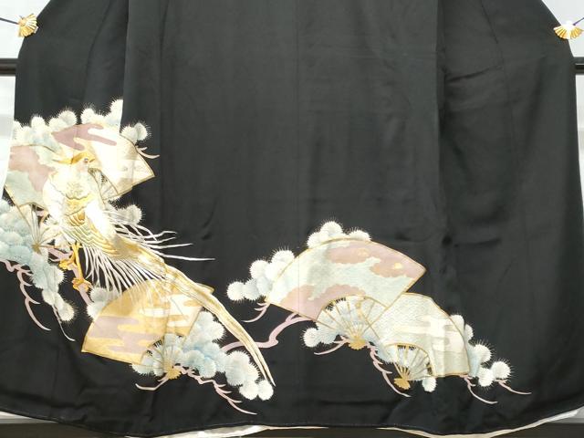 平和屋着物■豪華黒留袖 刺繍 扇面尾長鳥 金銀彩 正絹 逸品 CABC8984fb