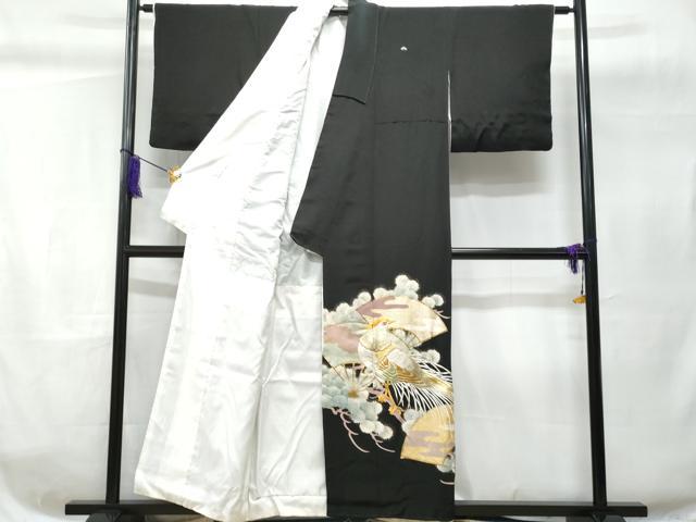 平和屋着物■豪華黒留袖 刺繍 扇面尾長鳥 金銀彩 正絹 逸品 CABC8984fb