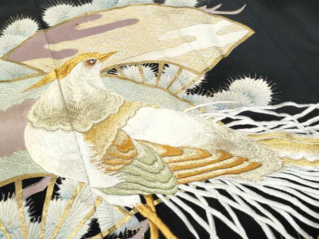 平和屋着物■豪華黒留袖 刺繍 扇面尾長鳥 金銀彩 正絹 逸品 CABC8984fb