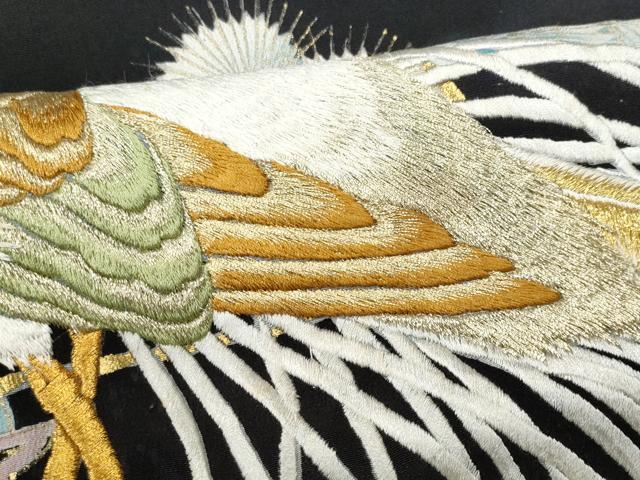 平和屋着物■豪華黒留袖 刺繍 扇面尾長鳥 金銀彩 正絹 逸品 CABC8984fb