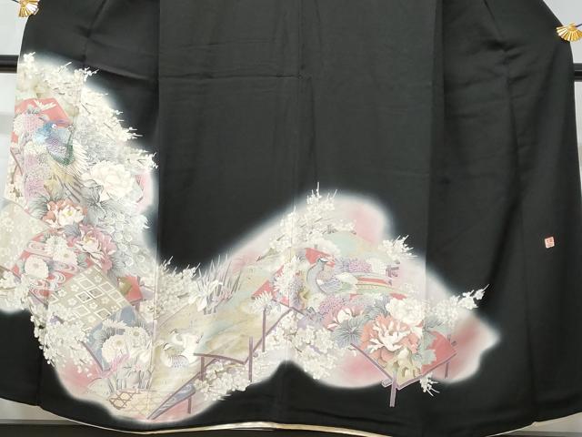 平和屋着物■日本工芸会正会員 福島てる子 黒留袖 刺繍 孔雀花文 暈し染め 金銀彩 正絹 逸品 CABC9068fb