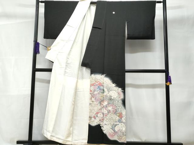 平和屋着物■日本工芸会正会員 福島てる子 黒留袖 刺繍 孔雀花文 暈し染め 金銀彩 正絹 逸品 CABC9068fb