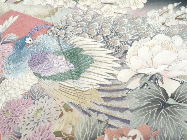 平和屋着物■日本工芸会正会員 福島てる子 黒留袖 刺繍 孔雀花文 暈し染め 金銀彩 正絹 逸品 CABC9068fb
