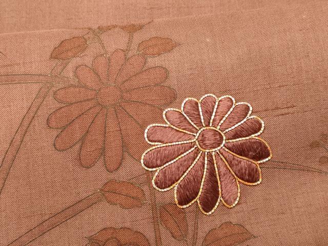 平和屋着物■訪問着　紬地　駒刺繍　草花文　金彩　正絹　逸品　CABC9134fb