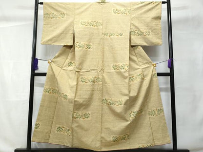 平和屋着物■上質な紬 横段草花文 反端付き 正絹 逸品 CABC9142fb
