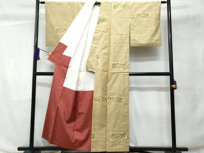 平和屋着物■上質な紬 横段草花文 反端付き 正絹 逸品 CABC9142fb