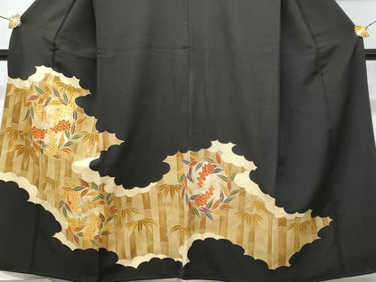 平和屋着物■豪華黒留袖 駒刺繍 笹竹南天文 金彩 正絹 逸品 CABC9146fb