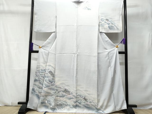 平和屋着物■訪問着　手描き　遠山渡り橋風景文　暈し染め　正絹　逸品　CABC9186fb