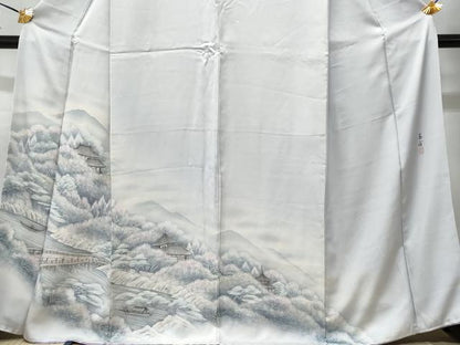 平和屋着物■訪問着　手描き　遠山渡り橋風景文　暈し染め　正絹　逸品　CABC9186fb