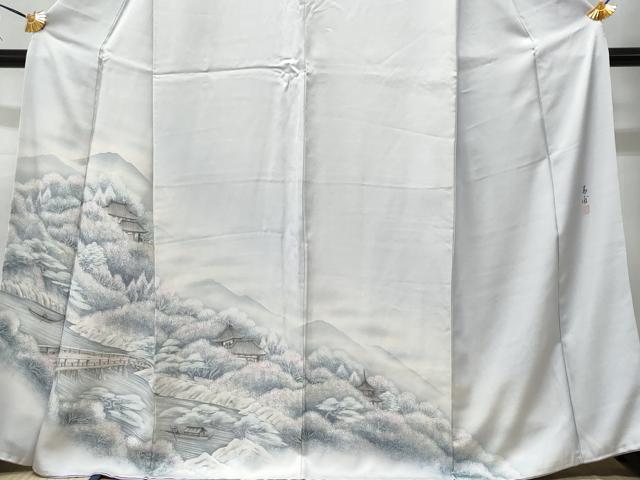 平和屋着物■訪問着　手描き　遠山渡り橋風景文　暈し染め　正絹　逸品　CABC9186fb