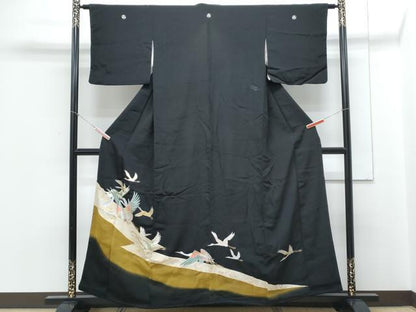 平和屋着物▼豪華黒留袖　刺繍　飛鶴文　金銀彩　正絹　逸品　CABC9331th