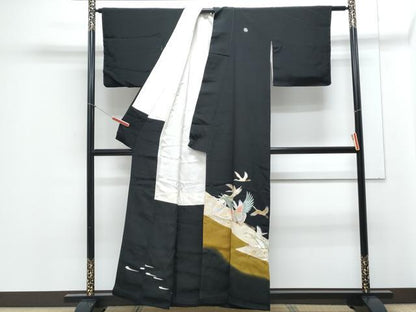 平和屋着物▼豪華黒留袖　刺繍　飛鶴文　金銀彩　正絹　逸品　CABC9331th