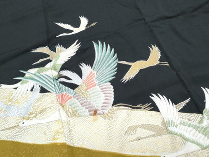 平和屋着物▼豪華黒留袖　刺繍　飛鶴文　金銀彩　正絹　逸品　CABC9331th