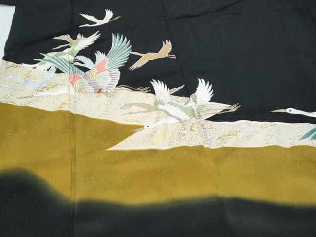 平和屋着物▼豪華黒留袖　刺繍　飛鶴文　金銀彩　正絹　逸品　CABC9331th