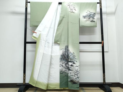 平和屋着物▼訪問着 手描き 風景文 暈し染め 金彩 正絹 逸品 CABC9413th