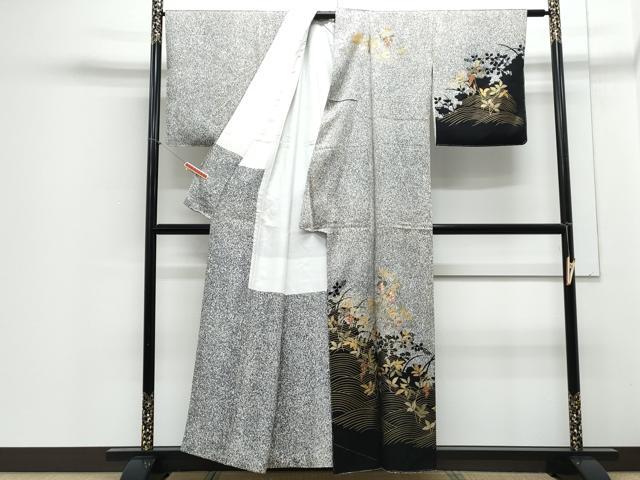 平和屋着物●訪問着　刺繍　草花文　草花シルエット　たたき染め　黒地　金彩　正絹　逸品　CABC9474th