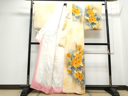 平和屋着物▼訪問着　手描き　草花文　暈し染め　正絹　逸品　CABC9586th
