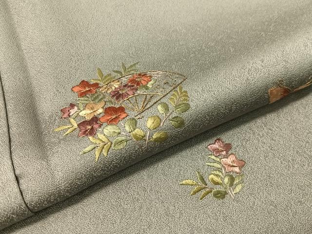 平和屋着物●上質な小紋 総刺繍 扇面花蝶文 金糸 正絹 逸品 CABC9604vp