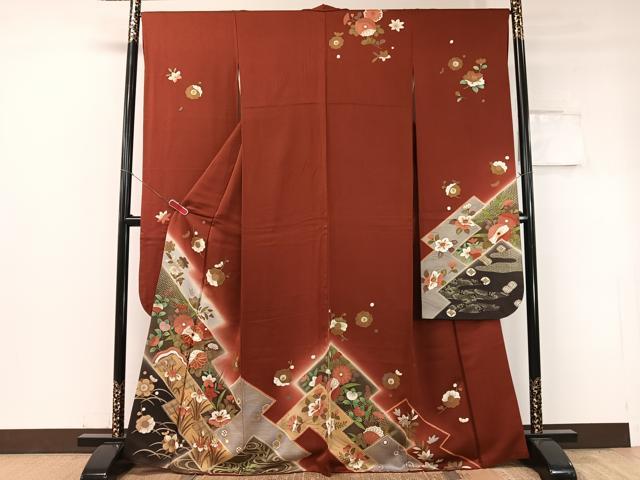 平和屋着物●豪華振袖 駒刺繍 松皮菱流水花文 暈し染め 金彩 正絹 逸品 CABC9622vp