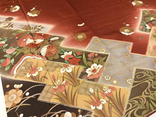 平和屋着物●豪華振袖 駒刺繍 松皮菱流水花文 暈し染め 金彩 正絹 逸品 CABC9622vp