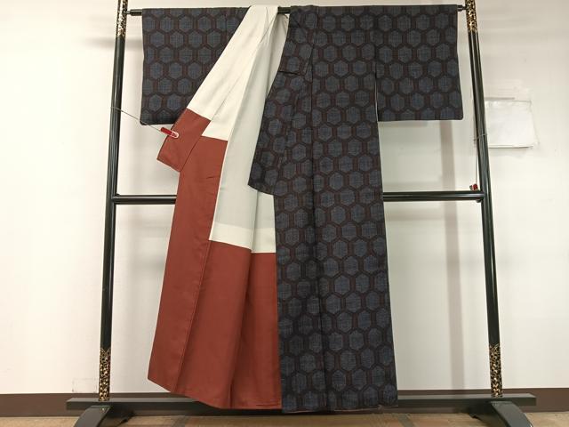 平和屋着物●結城紬 80亀甲 亀甲文様 正絹 逸品 CABC9628vp