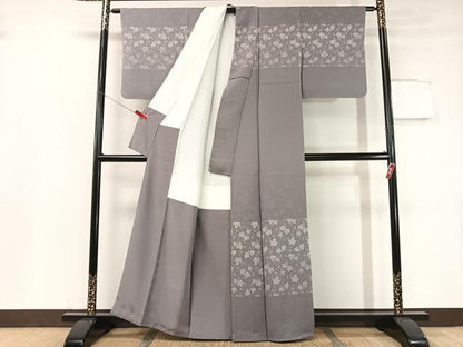 平和屋着物●訪問着 お召地 葡萄蔦の葉横段文 正絹 逸品 未使用 CABC9641vp